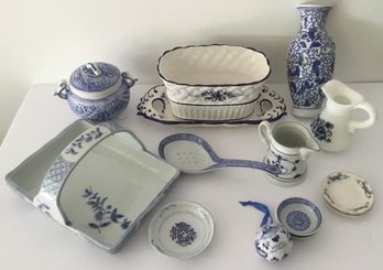 Blue & White Ceramic & Porcelain 12 Piece Lot Dishes & Vases.