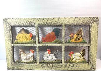 Chicken Framed Sign - Chicken Wire. Nesting Chickens , Country Farm- Wall Hanging