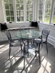 Glass & Chrome Bistro Table With Four Calligaris Parisienne Ghost Chairs