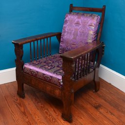 Antique Victorian Oak Morris Recliner Chair With Chinese Silk Brocade Upholstered Cushions