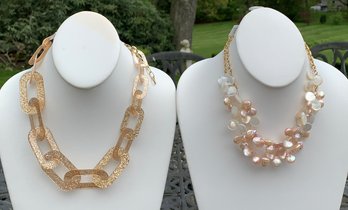 Two Row Of Peach Mother Of Pearl Strands Paired With Champagne Lucite  Necklaces