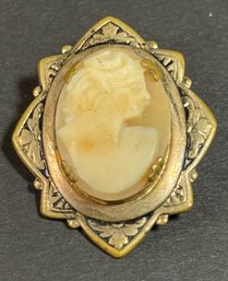 Antique Gilt Brass Carved Shell Cameo Brooch Pin