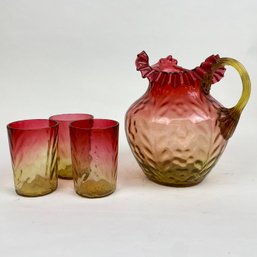 Amberina Ruffled Glass Pitcher And 3 Drinking Glasses