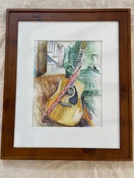 'Guitar At Rest' Watercolor Painting Signed Carol Kelly Local Artist 19x23 Matted Framed