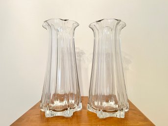 Pair Of Vintage Hand Blown Clear Glass Vases