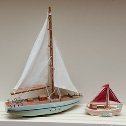 (2) Miniature Handcarved Wood Sailboats