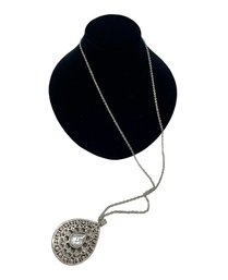 Silver Tone Long Pendant Necklace With Rhinestones