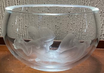 Orrefors Crystal Oval Bowl, Frosted Man, Lady Silhouette.
