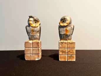 Pair Of Vintage Multi-Color Alabaster Owl Bookends