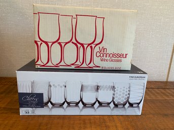 NEW! 8 Crystal Mikasa Stemless Wine Glasses And 8 Libbey Wine Glasses