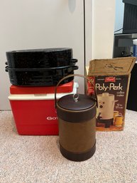 Poly Perk Coffee Maker, Lisk Enameled Roasting Pot, Ice Bucket & Small Cooler