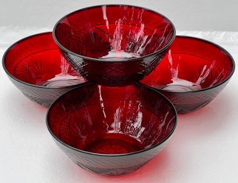 VINTAGE RUBY RED PRESSED GLASS SALAD BOWLS: Set Of 4, Fruit, Dessert, Cereal
