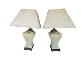 Celadon Crackle  Ceramic Decorative Lamps With Pleated Cloth Shades And Ornate Finial  - Pair