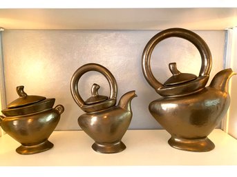 Grouping Of Hand Made Whimsical Tea Pots / Sugar Bowl In Gold Glaze