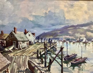 Harbor Scene Oil On Canvas Mid 20th Century Newly Framed Unsigned