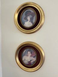 Pair Of Round Gilded Frames With Vintage Victorian Art