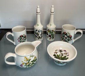 Dishes By Portmeirion The Botanical Garden, Oil & Vinegar Bottles, Small Pitcher, Two Mugs And Small Dish