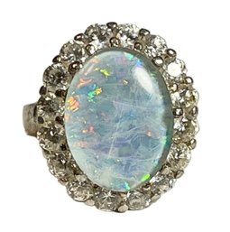 Large Opal Ring Having White Stones Size 7 Sterling Silver