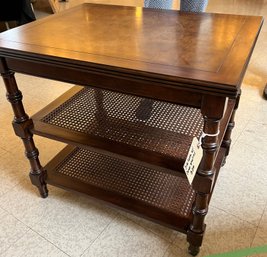 1980s Vintage Ethan Allen Three Tier Cane Shelf Side Or End Table