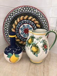 Williams Sonoma Scroll Provence Ceramic Cheese Board/Platter, Toscanini Wine Pitcher And Limoncello Cruet