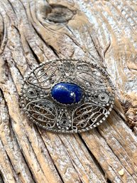 Antique Silver Filigree And Lapis Brooch