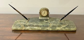 Green Marble Double Pen Holder Desk Set With Elgin Clock