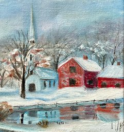 LITTLE WINTER VILLAGE OIL ON CANVAS: M. O'Neil Vintage Snow Landscape Painting, Frozen Pond, New England Woods