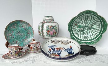 8 Pc. Asian Decorative Lot Plus 2 Cups & Saucers