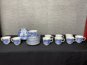 Shakespeare Country Royal Essex Ironstone Blue & White Teacups & Saucers