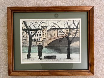 Framed Water Color Of A Man In Paris