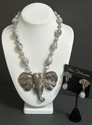 Vintage Blair Delmonico Statement Necklace Elephant Pendant Beaded Necklace & Clip  Earrings