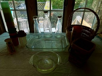 Pyrex, Bottles, Baskets, And A Scale