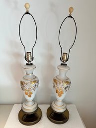 Hand Decorated, With Gilt, White Satin Glass Lamps, On Dolphin Bases