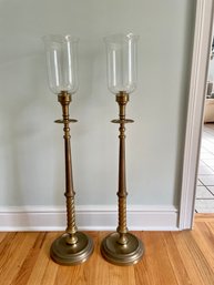 Pair Of Tall Brass Candle Holders With Glass Hurricanes Globes