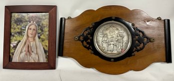 Wood Plaque Framed Metal Relief Depicting Christ Mary Joseph Witness Cloud Of Angels & Our Lady Of Fatima WA