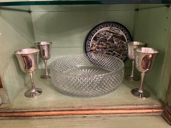 4 Vintage Silver Plated Wine Goblets, Crystal Bowl & Collector Plate