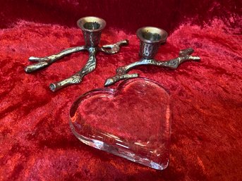 Pair Of Pewter Tree Branch Candlestick Holders 6x2' Heart Shaped Glass Paperweight 4.5x4.5'