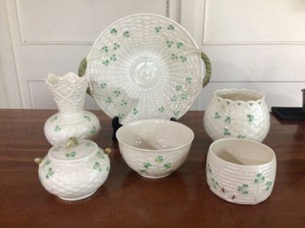 Belleek Irish Porcelain Lot #4 Shamrock 6 Pieces Basket Weave