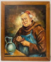 Vintage Oil On Canvas Painting - Laughing Monk With Pitcher Vessel & Pipe - Unsigned Undated - Simple Frame