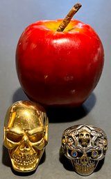 GOLD TONE OVER STAINLESS STEEL SKULL RING LOT: 2 Large Size Biker Rings, One Has Blue Rhinestone Eyes