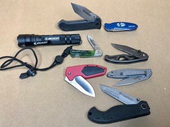 Collection Of Pocket Knives And Insight Flashlight