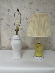 1 Vintage Alacite Floral Yellow Glass Table Lamp & 1 White Ceramic Lamp