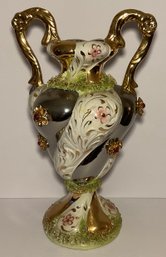Vintage Bejeweled Gold Gilded Handle Ceramic Vase