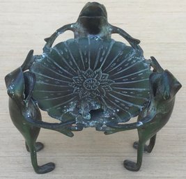 Great Patina Metal Frogs Holding A Lillypad.