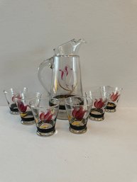 Lovely Glass Decorated Pitcher And 6 Cordials In Tulip Motif