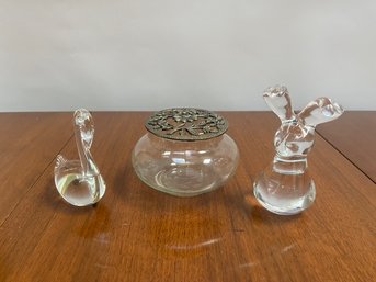 Etched Glass & Metal Floral Potpourri Jar & Figurines