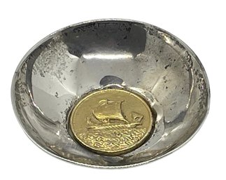 Small MCM Norwegian Sterling Silver Trinket Dish With Viking Ship Medallion