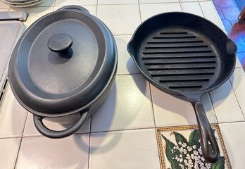 Wagner's 1891 Original Cast Iron Pan Cookware Made In USA & Cast Iron Fat Free Fryer Grill Made In France.