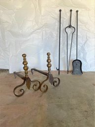 Antique Andiron And Tool Set