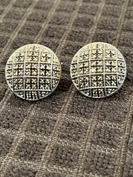 Judith Jack Art Deco Style Sterling Silver Marcasite Domed Button Omega Earrings, Signed